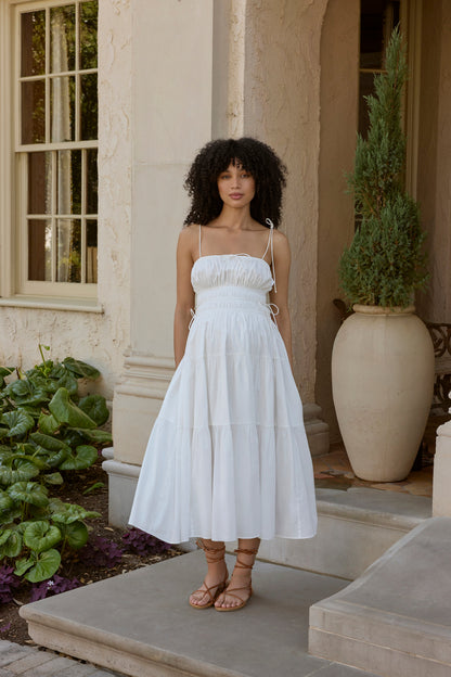 Shirred Midi Poplin Dress
