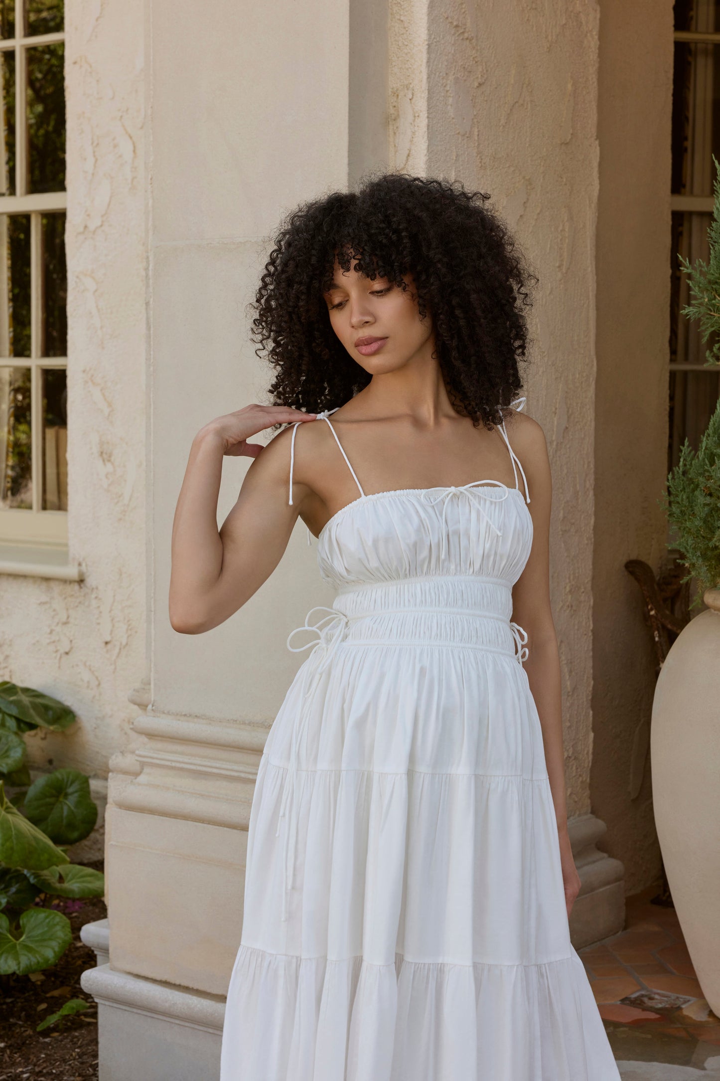 Shirred Midi Poplin Dress