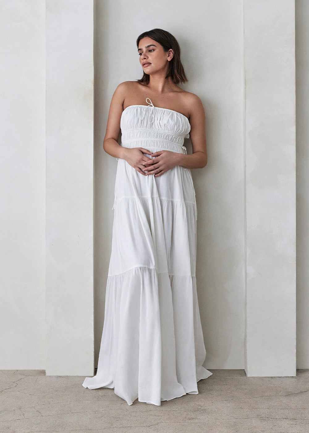 Shirred Strapless Gown