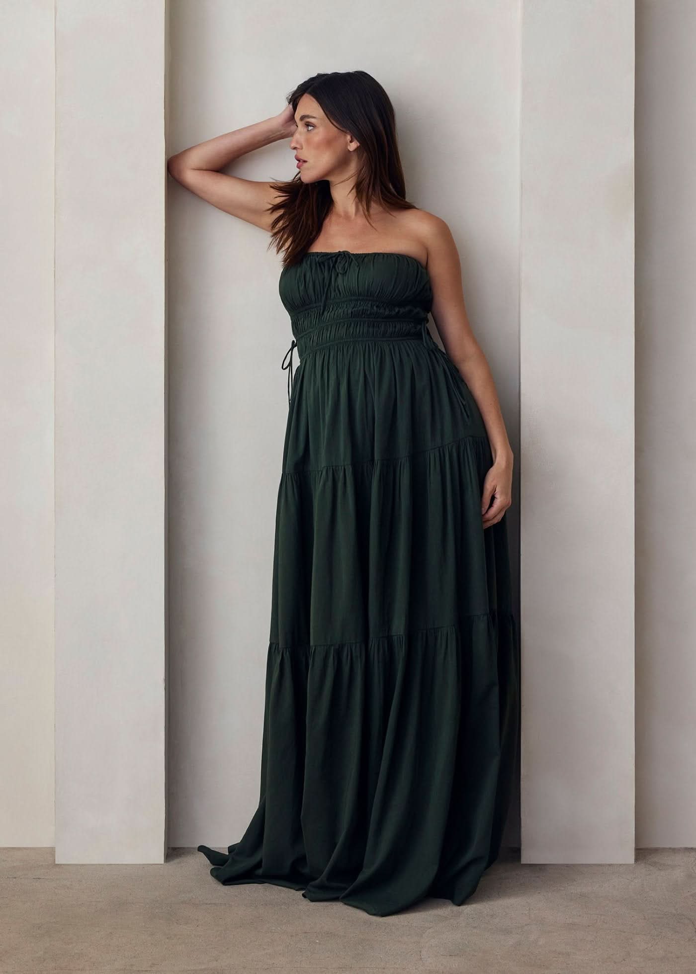 Shirred Strapless Gown